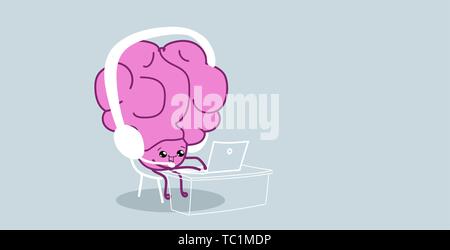 Organe du cerveau humain à l'aide de la musique avec un casque d'écoute pour ordinateur portable vous détendre offres concept kawaii style pink personnage croquis horizontale part Illustration de Vecteur