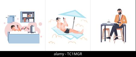 Définir les hommes à prendre le soleil sur une chaise longue couchée dans une baignoire et boire du café numérique différents concepts de la toxicomanie collection plate horizontale Illustration de Vecteur