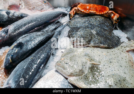 L'angle de la vie toujours élevée de matières premières diverses y compris le poisson frais Poisson Ray refroidissement sur lit de glace froide dans les fruits de mer de décrochage du marché. Banque D'Images