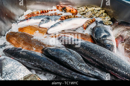 L'angle de la vie toujours élevée de matières premières diverses Poissons frais refroidissement sur lit de glace froide dans les fruits de mer de décrochage du marché. Banque D'Images