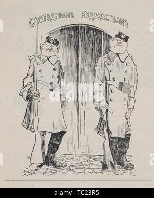 Illustration de la revue satirique russe Fonar représentant deux gardes armés, debout devant une porte avec l'inscription à la libre Arts, 1905. () Banque D'Images