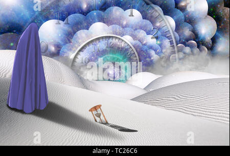 Désert surréaliste avec Hourglass. La figure de l'homme dans des vêtements semblables à l'hijab. Œil qui voit tout, spirale du temps Banque D'Images