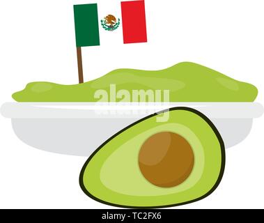 Bol avec un avocat guacamole couper et drapeau du Mexique. - Cuisine mexicaine traditionnelle - Vector Illustration de Vecteur