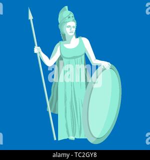 Athena ou Athene statue en marbre sur fond bleu. Pallas, déesse de la sagesse, de l'artisanat, et de la guerre dans la religion grecque antique et de la mythologie. Dieu romain Minerva Illustration de Vecteur