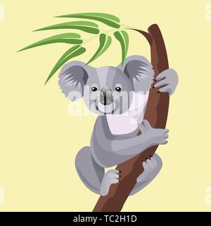 Le Koala gris isolé sur la branche de bois avec des feuilles vertes. Animal marsupial australien qui mangent seulement assis sur eucalyptus tronc d'arbres tropicaux. Vector Illustration de Vecteur