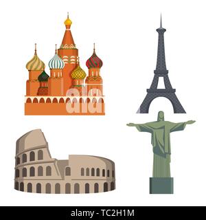 Attractions mondes Kremlin, Tour Eiffel, Italien Coliseum, Statue du Christ Illustration de Vecteur