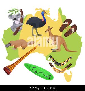 Symboles de l'Australie sur la carte. Koala, kangourou, surf, boomerang, autruche, platypus, Illustration de Vecteur