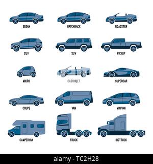 Set automobile isolé. Modèles de voiture de différentes tailles et capacités Illustration de Vecteur