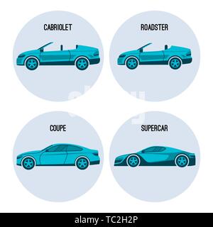 Automobile cabriolet, roadster spider, coupé d'un appareil à deux portes et voiture supercar vector Illustration de Vecteur