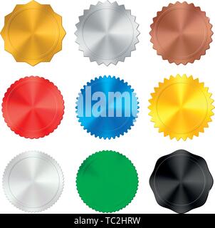 Vector illustration. 9 badges métalliques de différentes couleurs dans un style brillant. Illustration de Vecteur