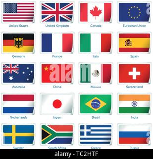 Drapeaux autocollant populaire. Vector illustration. 3 couches. Ombres, drapeau télévision vous pouvez l'utiliser séparément, autocollant. Collection de 220 drapeaux du monde. Des couleurs précises. Changements faciles. Illustration de Vecteur