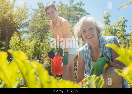 Hauts femme travaillant dans les légumes tandis que sa fille est d'arrosage jardin Banque D'Images