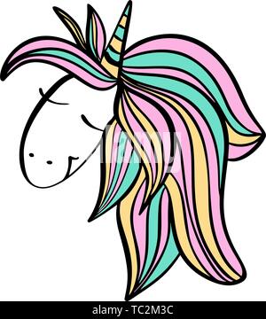 Jolie tête de licorne dessinée à la main. Illustration de personnage de dessin animé vectoriel. Motif pour carte enfant, t-shirt. Filles, concept magique enfant. Isolé sur blanc Illustration de Vecteur