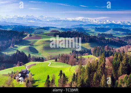Vue depuis la Lueg plus l'emmental avec Alpes bernoises au printemps, dans l'Emmental, Bern Canton de Berne, Suisse Banque D'Images