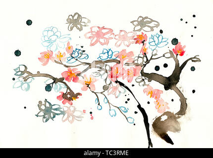 Décorer de fleurs fleurs, fleurs, fleurs printemps style plantes décorent les illustrations faites à la main orné d'encre aquarelle Banque D'Images