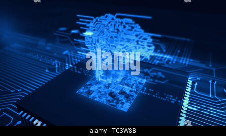 Cerveau cybernétique, l'intelligence artificielle et l'apprentissage en profondeur et concept avec l'esprit numérique par rapport au travail d'hologramme en arrière-plan de la cpu. 3d carte circuit il Banque D'Images