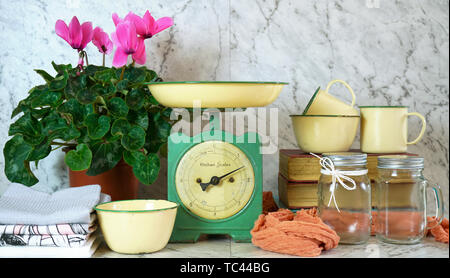 Balance de cuisine vintage avec décor de style ferme ustensiles, avec de vieux livres, des bocaux Mason, vintage tin vaisselle et cyclamens rose en pot. Banque D'Images