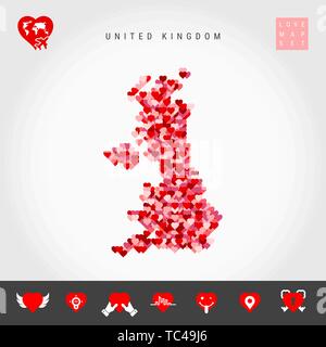 I Love United Kingdom. Motif coeurs rouges et roses carte vectorielle de Grande-bretagne isolé sur fond gris. L'icône de l'amour ensemble. Illustration de Vecteur