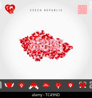 J'aime en République tchèque. Motif coeurs rouges et roses carte vectorielle de République tchèque isolé sur fond gris. L'icône de l'amour ensemble. Illustration de Vecteur