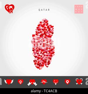 J'aime le Qatar. Motif coeurs rouges et roses Carte vectorielle du Qatar isolé sur fond gris. L'icône de l'amour ensemble. Illustration de Vecteur