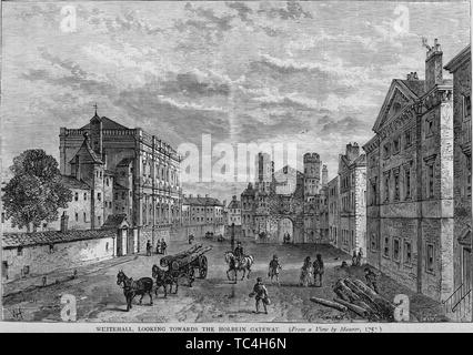 Gravure du Whitehall, à l'égard de la passerelle Holbein, Londres, Angleterre, du livre 'Old and New London : un récit de son histoire, de ses habitants et de ses lieux' par Thornbury Walter, 1873. Avec la permission de Internet Archive. () Banque D'Images