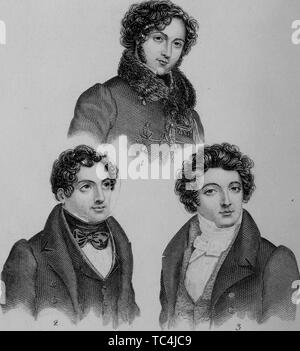 Portraits gravés des musiciens populaires, Giovanni Battista Rubini, Gaetano Donizetti, et Luigi Lablache, du livre "Le Monde de la mode et des feuilletons de continental, 1824. Avec la permission de Internet Archive. () Banque D'Images