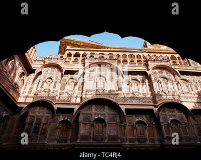 Architectural exquis décor d'Melangal Château, Inde Banque D'Images