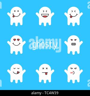 Ensemble d'emoji ghost blanc sur fond bleu Illustration de Vecteur