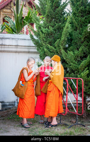 Temple bouddhiste Wat Phra Singh Woramahavikarn.Trois jeunes moines thaïlandais regardent leurs téléphones mobiles à l'extérieur d'un temple à Chiang Mai, Thaïlande. Banque D'Images