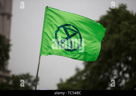 Londres, Royaume-Uni - Juin 4th, 2019 : Extinction des drapeaux de la rébellion à une protestation Banque D'Images