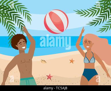 La femme et l'homme jouant avec ballon de plage et dans le sable vector illustration Illustration de Vecteur