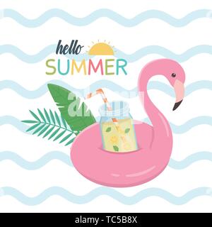 Hello summer poster avec flotteur flamand vecteur icônes illustration design Illustration de Vecteur