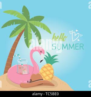 Hello summer poster avec flotteur flamand vecteur icônes illustration design Illustration de Vecteur