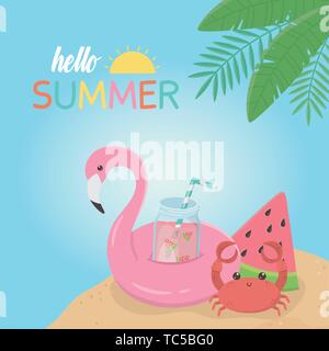 Hello summer poster avec flotteur flamand vecteur icônes illustration design Illustration de Vecteur