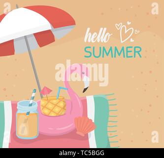 Hello summer poster avec scène de plage et vecteur illustration design float flamand Illustration de Vecteur