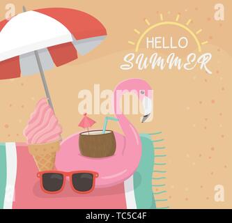 Hello summer poster avec scène de plage et vecteur illustration design float flamand Illustration de Vecteur