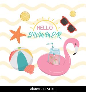 Hello summer poster avec flotteur flamand vecteur icônes illustration design Illustration de Vecteur