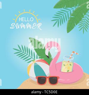 Hello summer poster avec flotteur flamand vecteur icônes illustration design Illustration de Vecteur