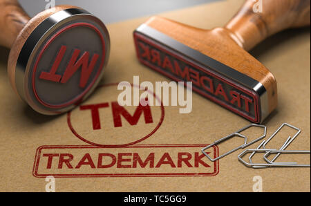 3D illustration de deux timbres en caoutchouc avec le mot la marque et le symbole TM sur fond de papier brun. Concept d'enregistrement de marques de commerce Banque D'Images