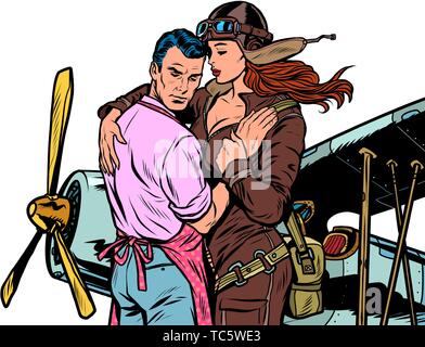 Femme pilote dit au revoir à un homme, un couple amoureux d'un avion rétro. Pop art retro kitsch vintage illustration vectorielle Illustration de Vecteur