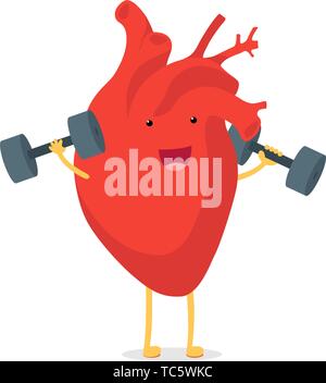 Cute cartoon smiling coeur personnage avec haltères heureux. émotion emoji Organe circulatoire vecteur faisant des exercices cardio fitness sport symbolise trai Illustration de Vecteur