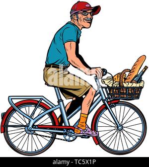 Vieil homme en vélo avec votre nourriture. Pop art retro kitsch vintage illustration vectorielle Illustration de Vecteur