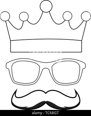 Lunettes de la couronne et l'icône moustache noir et blanc dessin animé Illustration de Vecteur