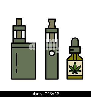 Vaping liquide pour la marijuana. Vape l'huile de cannabis. Vaporisateur de cannabis. E-cigarette pour vaping. Vector illustration isolé sur fond blanc. Illustration de Vecteur