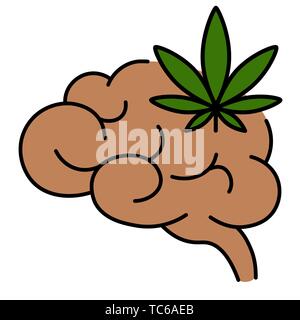 Feuille de Cannabis avec cerveau humain. Influence de fumer de la marijuana sur le cerveau humain, le système nerveux, l'activité mentale. Vector illustration isolé sur fond blanc Illustration de Vecteur