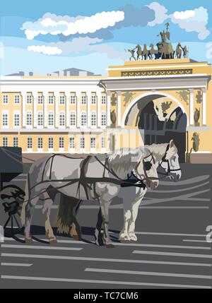 Vue sur deux chevaux et chariots, l'Arc de Triomphe sur la place du palais de Saint-Pétersbourg, Russie. Monument de Saint Petersburg. Colorful vector illu Illustration de Vecteur