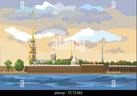 Rues de la région de la forteresse Pierre et Paul à Saint-Pétersbourg, Russie et quai de rivière. Illustration vecteur de couleur. Illustration de Vecteur