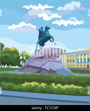 Rues de la région de Monument de l'empereur russe Pierre le Grand sur la place du Sénat, Saint Petersburg, Russie. Vue sur le bronze horseman monument et Sénat. Col Illustration de Vecteur