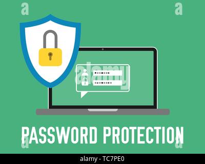 La protection par mot de passe. Ordinateur portable avec login et mot de concept. Protection avec verrou. La protection des données. Télévision vector illustration sur fond vert Illustration de Vecteur