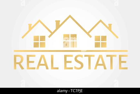 Logo d'or de l'immobilier. L'icône de maison en style de ligne. Logo design créatif. Agence immobilière modèle. Vector illustration Illustration de Vecteur
